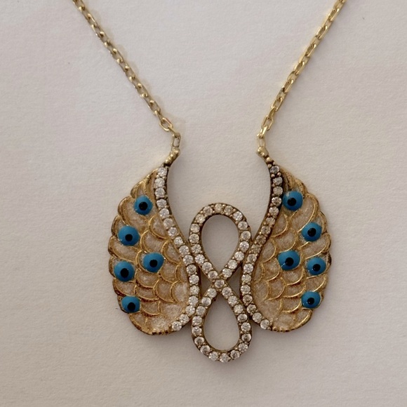 925 Silver angel wings necklace evil eye black cz 18k yellow gold plated